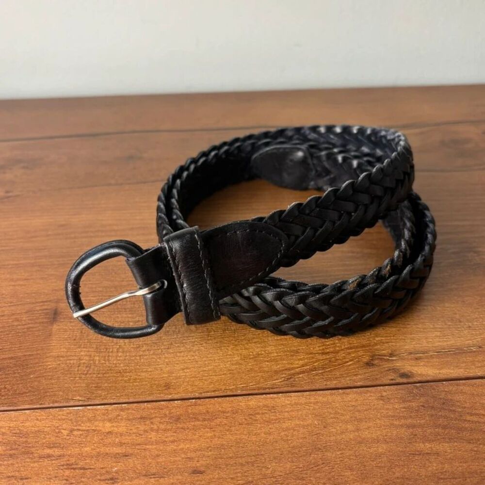 VTG Black Braided Woven Leather Belt 36 Made in Haiti Leather Wrapped Buckle